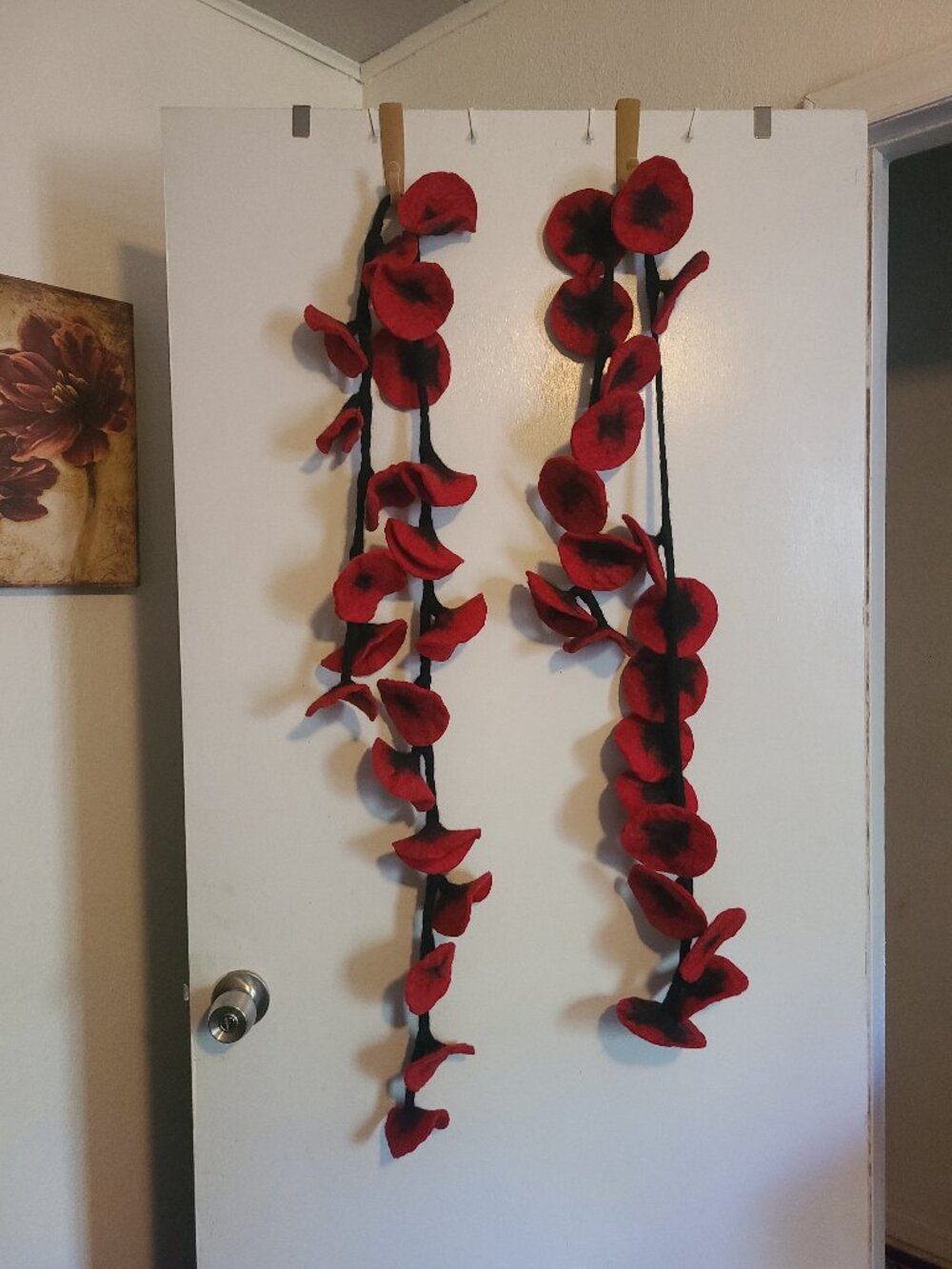 2 62" Red & Black Wool Felt Flower Garland Bohemian Gypsy Nomad Hippie
